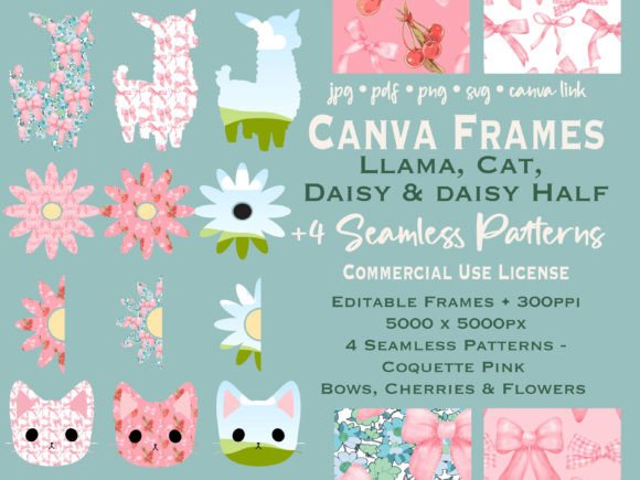 Download Llama Daisy Cat Canva Frame, Bow Pattern - Premium Resources